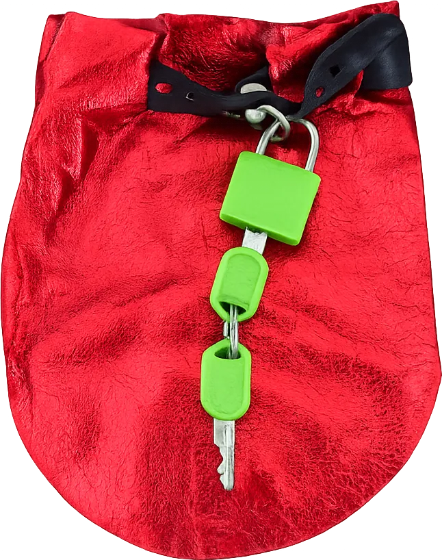 Bourse rouge métallisée verrouillée par cadenas vert avec clés